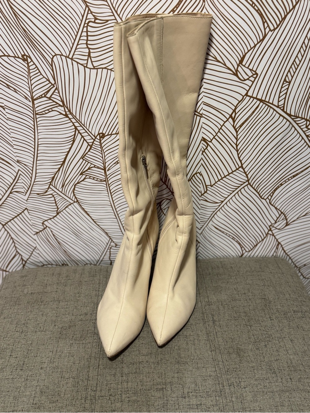 Cream Pointed-Toe Over-the-Knee Boots